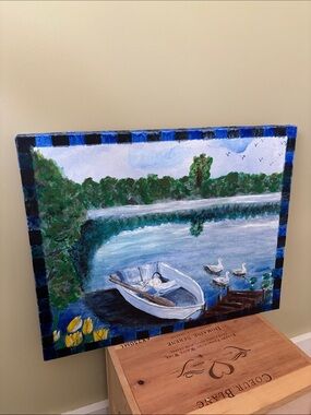 Hand-Painted Blue Lake Boat Canvas Wall Art